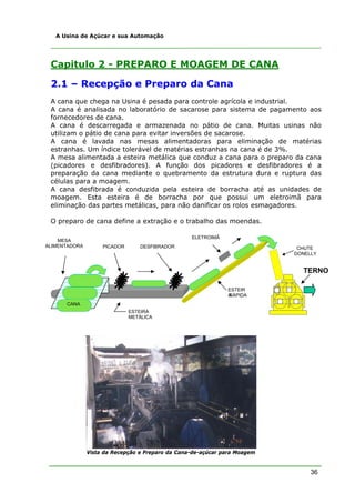36
A Usina de Açúcar e sua Automação
Capitulo 2 - PREPARO E MOAGEM DE CANA
2.1 – Recepção e Preparo da Cana
A cana que chega na Usina é pesada para controle agrícola e industrial.
A cana é analisada no laboratório de sacarose para sistema de pagamento aos
fornecedores de cana.
A cana é descarregada e armazenada no pátio de cana. Muitas usinas não
utilizam o pátio de cana para evitar inversões de sacarose.
A cana é lavada nas mesas alimentadoras para eliminação de matérias
estranhas. Um índice tolerável de matérias estranhas na cana é de 3%.
A mesa alimentada a esteira metálica que conduz a cana para o preparo da cana
(picadores e desfibradores). A função dos picadores e desfibradores é a
preparação da cana mediante o quebramento da estrutura dura e ruptura das
células para a moagem.
A cana desfibrada é conduzida pela esteira de borracha até as unidades de
moagem. Esta esteira é de borracha por que possui um eletroimã para
eliminação das partes metálicas, para não danificar os rolos esmagadores.
O preparo de cana define a extração e o trabalho das moendas.
Vista da Recepção e Preparo da Cana-de-açúcar para Moagem
PICADOR DESFIBRADOR
ELETROIMÃ
MESA
ALIMENTADORA
ESTEIR
ARÁPIDA
CHUTE
DONELLY
TERNO
ESTEIRA
METÁLICA
CANA
 