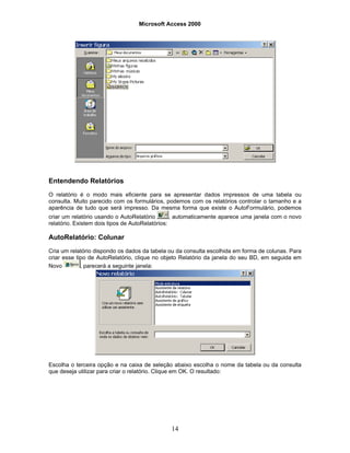 Microsoft Access 2000
14
Entendendo Relatórios
O relatório é o modo mais eficiente para se apresentar dados impressos de uma tabela ou
consulta. Muito parecido com os formulários, podemos com os relatórios controlar o tamanho e a
aparência de tudo que será impresso. Da mesma forma que existe o AutoFormulário, podemos
criar um relatório usando o AutoRelatório , automaticamente aparece uma janela com o novo
relatório. Existem dois tipos de AutoRelatórios:
AutoRelatório: Colunar
Cria um relatório dispondo os dados da tabela ou da consulta escolhida em forma de colunas. Para
criar esse tipo de AutoRelatório, clique no objeto Relatório da janela do seu BD, em seguida em
Novo , parecerá a seguinte janela:
Escolha o terceira opção e na caixa de seleção abaixo escolha o nome da tabela ou da consulta
que deseja utilizar para criar o relatório. Clique em OK. O resultado:
 