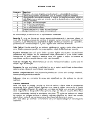 Microsoft Access 2000
6
Caractere Descrição
0 Dígito (de 0 a 9, entrada obrigatória, sinais de adição [+] e subtração [–] não permitidos).
9 Dígito ou espaço (entrada não obrigatória, sinais de adição e subtração não permitidos).
# Dígito ou espaço (entrada não obrigatória; os espaços são exibidos como vazios quando no
modo Edição, mas os vazios são removidos quando os dados são salvos; sinais de adição e
subtração permitidos).
L Letra (de A a Z, entrada obrigatória).
? Letra (de A a Z, entrada opcional).
A Letra ou dígito (entrada obrigatória).
a Letra ou dígito (entrada opcional).
& Qualquer caractere ou um espaço (entrada obrigatória).
C Qualquer caractere ou um espaço (entrada opcional).
No nosso exemplo, a máscara ficaria da seguinte forma: 99999-999.
Legenda: O nome que demos aos campos assume automaticamente o nome das colunas no
modo folha de dados, para que não aconteça de aparecer campos com nomes esquisitos como:
cl_estm ou pr_cd, utilizamos essa propriedade. É digitar o texto que desejamos que seja exibido,
por exemplo se o nome do campo for pr_cód, a legenda pode ser Código do Produto.
Valor Padrão: Permite especificar um conteúdo padrão para o campo, é muito útil em campos
como Cidade, onde podemos definir como valor padrão a cidade de São Paulo, por exemplo.
Regra de Validação: caso você queira limitar o que será digitado pelo usuário, é só utilizar essa
propriedade. Por exemplo, se um determinado campo Quantidade só puder conter valores
menores que 20, então inserimos a seguinte regra: <20, quando o usuário for cadastrar as
quantidades, ele não conseguirá digitar um valor maior do que 20.
Texto de validação: Aqui determinamos qual vai ser a mensagem enviada ao usuário caso ele
infrinja a regra de validação.
Requerido: Se essa propriedade for definida como sim, o usuário será obrigado a digitar algum
dado no campo, não sendo possível deixar o campo vazio.
Permitir comprimento zero: essa propriedade permite que o usuário deixe o campo em branco,
mesmo que a opção requerido for sim.
Indexado: Indica se o conteúdo do campo será classificado ou não, podendo ou não ser
duplicado.
Salvando uma tabela
Após criar todos os campos, escolher os tipos de dados e alterar todas as propriedades
necessárias, feche a janela Tabela1. Aparecerá uma caixa de diálogo perguntando se deseja
salvar as alterações. Clique em Sim e defina um nome para sua tabela. Logo após aparecerá outra
caixa perguntando se deseja definir chave primária, clique em não por enquanto. Uma chave
primária (representado na barra de ferramentas pelo botão: ) indica que o campo não poderá
ser repetido em hipótese nenhuma, é utilizado muito para identificar um cliente, por exemplo
através de um código. É representado por uma chavinha ao lado do nome do campo.
Obs.: Cada tabela que criarmos e obviamente for salva, será apresentada por um ícone na janela
das tabelas.
 