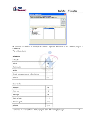 Capítulo 4 – Consultas

Os operadores são utilizados na elaboração de critérios e expressões. Classificam-se em: Aritméticos, Lógicos e
Comparação.
Veja as tabelas abaixo.

Aritméticos
Subtração

(-)

Adição

(+)

Multiplicação

(*)

Divisão

(/)

Divisão retornando somente valores inteiros

()

Potência

(^)

Comparação
Igualdade

(=)

Maior que

(>)

Menor que

(<)

Maior ou igual

( >= )

Menor ou igual

( <= )

Diferente

( <> )

Treinamento em Microsoft Access 2010 Copyright 2010 – NSI Training Tecnologia

28

 