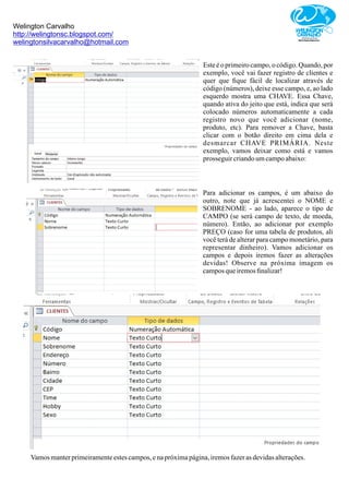 Welington Carvalho
http://welingtonsc.blogspot.com/
welingtonsilvacarvalho@hotmail.com
Esteé o primeirocampo,o código.Quando, por
exemplo, você vai fazer registro de clientes e
quer que ﬁque fácil de localizar através de
código (números), deixe esse campo, e, ao lado
esquerdo mostra uma CHAVE. Essa Chave,
quando ativa do jeito que está, indica que será
colocado números automaticamente a cada
registro novo que você adicionar (nome,
produto, etc). Para remover a Chave, basta
clicar com o botão direito em cima dela e
desmarcar CHAVE PRIMÁRIA. Neste
exemplo, vamos deixar como está e vamos
prosseguir criandoumcampoabaixo:
Para adicionar os campos, é um abaixo do
outro, note que já acrescentei o NOME e
SOBRENOME - ao lado, aparece o tipo de
CAMPO (se será campo de texto, de moeda,
número). Então, ao adicionar por exemplo
PREÇO (caso for uma tabela de produtos, ali
você terá de alterar para campo monetário, para
representar dinheiro). Vamos adicionar os
campos e depois iremos fazer as alterações
devidas! Observe na próxima imagem os
camposqueiremosﬁnalizar!
Vamosmanterprimeiramenteestescampos,enapróximapágina,iremosfazeras devidasalterações.
 