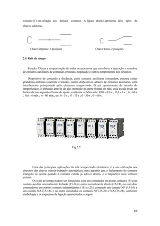 10
comum (C) em relação aos demais contatos. A figura abaixo apresenta dois tipos de
chaves seletoras.
Chave impulso: 3 posições Chave trava: 2 posições
2.8 Relé de tempo
Função: Efetua a temporização de todos os processos que envolvem a operação e manobra
de circuitos auxiliares de comando, proteção, regulação e outros componentes dos circuitos.
Dispositivo de comando a distância, cujos contatos auxiliares comandam, perante certas
grandezas elétricas (corrente e tensão), outros dispositivos através de circuitos auxiliares, com
retardamento pré-ajustado pelo elemento temporizado. O pré ajustamento do retardo do
temporizador, é efetuado através de dial montado na parte frontal do relé, cuja escala pode ser
fornecida nas seguintes faixas de ajuste, conforme o fabricante: 0,06 - 0,6 s ; 0,6 - 6 s ; 6 - 60 s
; 0,6 - 6 min ; 6 - 60 min., ou 0 - 5 s ; 0 - 15 s ; 0 - 30 s ; 0 - 60 s.
Uma das principais aplicações do relé temporizado eletrônico, é a sua utilização nos
circuitos das chaves estrela-triângulo automáticas, para garantir que o fechamento do contator
triângulo só ocorra quando o contator estrela já estiver aberto, e o respectivo arco voltaico
extinto.
Os relés de tempo podem ser fornecidos com um comutador em ponto comum (15) com
contato auxiliar normalmente fechado (15-16) e outro normalmente aberto (15-18), ou com dois
comutadores em pontos comuns independentes (15) e (25), contendo um contato NF (15-16) e
um contato NA (15-18), e no outro comutador os contatos NF (25-26) e NA (25-28), conforme
simbologia e os esquemas de ligação apresentados a seguir:
Fig.2.7
 