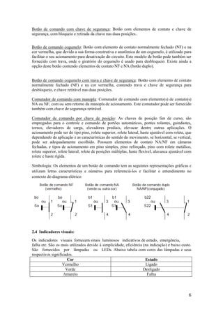6
Botão de comando com chave de segurança: Botão com elementos de contato e chave de
segurança, com bloqueio e retirada da chave nas duas posições..
Botão de comando cogumelo: Botão com elemento de contato normalmente fechado (NF) e na
cor vermelha, que devido a sua forma construtiva e anatômica de um cogumelo, é utilizado para
facilitar o seu acionamento para desativação do circuito. Este modelo de botão pode também ser
fornecido com trava, onde o giratório do cogumelo é usado para desbloqueio. Existe ainda a
opção deste botão contendo elementos de contato NF e NA (botão duplo).
Botão de comando cogumelo com trava e chave de segurança: Botão com elemento de contato
normalmente fechado (NF) e na cor vermelha, contendo trava e chave de segurança para
desbloqueio, e chave retirável nas duas posições.
Comutador de comando com manopla: Comutador de comando com elemento(s) de contato(s)
NA ou NF, com ou sem retorno da manopla de acionamento. Este comutador pode ser fornecido
também com chave de segurança retirável.
Comutador de comando por chave de posição: As chaves de posição fim de curso, são
empregadas para o controle e comando de portões automáticos, pontes rolantes, guindastes,
tornos, elevadores de carga, elevadores prediais, elevacar dentre outras aplicações. O
acionamento pode ser do tipo pino, rolete superior, rolete lateral, haste ajustável com rolete, que
dependendo da aplicação e as características do sentido do movimento, se horizontal, se vertical,
pode ser adequadamente escolhido. Possuem elementos de contato NA/NF em câmaras
fechadas, e tipos de acionamento em pino simples, pino reforçado, pino com rolete metálico,
rolete superior, rolete lateral, rolete de posições múltiplas, haste flexível, alavanca ajustável com
rolete e haste rígida.
Simbologia: Os elementos de um botão de comando tem as seguintes representações gráficas e
utilizam letras características e números para referenciá-los e facilitar o entendimento no
contexto do diagrama elétrico:
2.4 Indicadores visuais:
Os indicadores visuais fornecem sinais luminosos indicativos de estado, emergência,
falha etc. São os mais utilizados devido à simplicidade, eficiência (na indicação) e baixo custo.
São fornecidos por lâmpadas ou LEDs. Abaixo tabela com cores das lâmpadas e seus
respectivos significados.
Cor Estado
Vermelho Ligado
Verde Desligado
Amarelo Falha
 