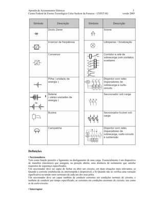 Apostila de Acionamentos Elétricos 3
Centro Federal de Ensino Tecnológico Celso Suckow da Fonseca – CEFET-RJ versão 2005
Definições
• Seccionadores
Tem como função permitir o ligamento ou desligamento de uma carga. Essencialmente é um dispositivo
de manobra (mecânico) que assegura, na posição aberta, uma distância de isolamento que satisfaz
requisitos de segurança especificados.
Um seccionador deve ser capaz de fechar ou abrir um circuito, em duas situações mais relevantes: a)
Quando a corrente estabelecida ou interrompida é desprezível, e b) Quando não se verifica uma variação
significativa na tensão entre terminais de cada um dos seus pólos.
Um seccionador deve ser capaz também de conduzir correntes em condições normais de circuito, e
também de conduzir por tempo especificado, as correntes em condições anormais do circuito, tais como
as de curto-circuito.
• Interruptor
 