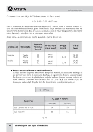 Considerando-se uma folga de 5% da espessura por face, tem-se:

                                 ½ f = 1,00 x 0,05 = 0,05 mm

Para a determinação do diâmetro do macho(punção), deve-se tomar a medida máxima do
furo. Para as dimensões externas, parte recortada da peça, a medida da matriz deve estar na
faixa mínima da tolerância. Esta precaução se deve ao fato de haver desgaste tanto do macho
como da matriz, à medida que se estampam as arruelas.

Desta forma, as dimensões de macho (punção) e matriz devem ser:



                                     Medida
                                                   Tolerância       Folga            Final
 Operação          Descrição         nominal
                                                   max (mm)         (mm)            (mm)
                                      (mm)

 Furação              Punção           10                ± 0,20        -            10,20
                      Matriz           10                ± 0,20     + 0,10          10,30

 Recorte              Punção           30                ± 0,20        -            29,70
                      Matriz           30                ± 0,20     + 0,10          29,80



     à Forças envolvidas na operação de corte
           A força de corte depende diretamente do tipo de material, da espessura da chapa e
           do perímetro de corte. A espessura da chapa e o perímetro de corte são grandezas
           facilmente conhecidas. A influência do material na força de corte vem por meio de um
           valor tabelado chamado “Pressão Específica de Corte” (kc), que é uma função da
           tensão de ruptura (σR). O valor de kc foi determinado experimentalmente em



                                            kc = 80%.σR




                                                             kc (kgf / mm2)
                        Material
                                                         Recozido        Encruado

            Aço Carbono até 0,1% C                          24               32

            Aço Inox 304                                    50               56


                                              Fig. (8)




  16         Estampagem dos aços inoxidáveis
 
