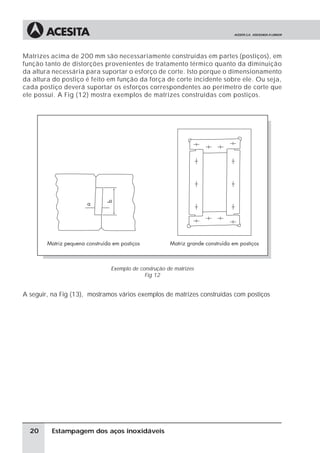 Matrizes acima de 200 mm são necessariamente construídas em partes (postiços), em
função tanto de distorções provenientes de tratamento térmico quanto da diminuição
da altura necessária para suportar o esforço de corte. Isto porque o dimensionamento
da altura do postiço é feito em função da força de corte incidente sobre ele. Ou seja,
cada postiço deverá suportar os esforços correspondentes ao perímetro de corte que
ele possui. A Fig (12) mostra exemplos de matrizes construídas com postiços.




                              Exemplo de construção de matrizes
                                           Fig 12


A seguir, na Fig (13), mostramos vários exemplos de matrizes construídas com postiços




  20      Estampagem dos aços inoxidáveis
 