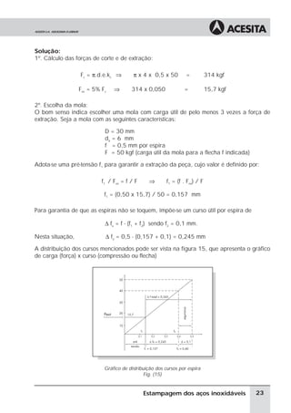 Solução:
1º. Cálculo das forças de corte e de extração:

                  Fc = π.d.e.kc ⇒        π x 4 x 0,5 x 50         =           314 kgf

                  Fex = 5% Fc   ⇒       314 x 0,050              =            15,7 kgf

2º. Escolha da mola:
O bom senso indica escolher uma mola com carga útil de pelo menos 3 vezes a força de
extração. Seja a mola com as seguintes características:

                            D = 30 mm
                            da = 6 mm
                            f = 0,5 mm por espira
                            F = 50 kgf (carga útil da mola para a flecha f indicada)

Adota-se uma pré-tensão f1 para garantir a extração da peça, cujo valor é definido por:

                           f1 / Fex = f / F     ⇒        f1 = (f . Fex) / F

                            f1 = (0,50 x 15,7) / 50 = 0,157 mm

Para garantia de que as espiras não se toquem, impõe-se um curso útil por espira de

                            ∆ fu = f - (f1 + f2) sendo f2 = 0,1 mm.

Nesta situação,             ∆ fu = 0,5 - (0,157 + 0,1) = 0,245 mm

A distribuição dos cursos mencionados pode ser vista na figura 15, que apresenta o gráfico
de carga (força) x curso (compressão ou flecha)




                            Gráfico de distribuição dos cursos por espira
                                               Fig. (15)


                                              Estampagem dos aços inoxidáveis            23
 