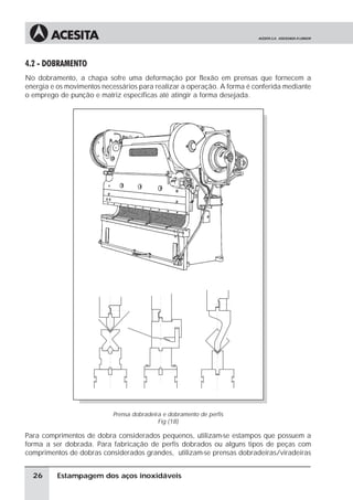 4.2 - DOBRAMENTO
No dobramento, a chapa sofre uma deformação por flexão em prensas que fornecem a
energia e os movimentos necessários para realizar a operação. A forma é conferida mediante
o emprego de punção e matriz específicas até atingir a forma desejada.




                           Prensa dobradeira e dobramento de perfis
                                           Fig (18)

Para comprimentos de dobra considerados pequenos, utilizam-se estampos que possuem a
forma a ser dobrada. Para fabricação de perfis dobrados ou alguns tipos de peças com
comprimentos de dobras considerados grandes, utilizam-se prensas dobradeiras/viradeiras


  26      Estampagem dos aços inoxidáveis
 