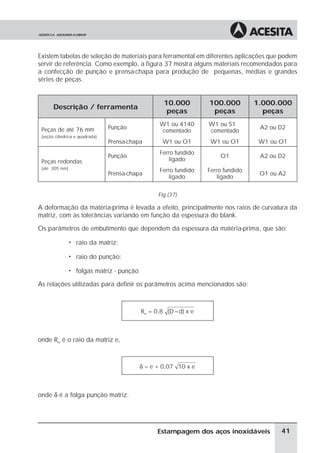 Existem tabelas de seleção de materiais para ferramental em diferentes aplicações que podem
servir de referência. Como exemplo, a figura 37 mostra alguns materiais recomendados para
a confecção de punção e prensa-chapa para produção de pequenas, médias e grandes
séries de peças.


                                                     10.000         100.000         1.000.000
       Descrição / ferramenta
                                                      peças          peças            peças
                                                    W1 ou 4140      W1 ou S1
 Peças de até 76 mm              Punção                                              A2 ou D2
                                                     cementado      cementado
 (seção cilíndrica e quadrada)
                                 Prensa-chapa        W1 ou O1        W1 ou O1        W1 ou O1
                                                    Ferro fundido
                                 Punção                                 O1           A2 ou D2
 Peças redondas                                         ligado
 (até 305 mm)
                                                    Ferro fundido   Ferro fundido
                                 Prensa-chapa                                        O1 ou A2
                                                        ligado          ligado


                                                   Fig.(37)

A deformação da matéria-prima é levada a efeito, principalmente nos raios de curvatura da
matriz, com as tolerâncias variando em função da espessura do blank.

Os parâmetros de embutimento que dependem da espessura da matéria-prima, que são:

                ã   raio da matriz;

                ã   raio do punção;

                ã   folgas matriz - punção

As relações utilizadas para definir os parâmetros acima mencionados são:



                                             Rm = 0,8 (D − d) x e



onde Rm é o raio da matriz e,



                                             δ = e + 0,07 10 x e



onde δ é a folga punção matriz.




                                                   Estampagem dos aços inoxidáveis         41
 