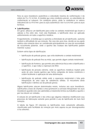 Para os aços inoxidáveis austeníticos a velocidade máxima de conformação é da
  ordem de 9 a 12 m/min. À medida que estas condições pioram, as velocidades de
  conformação se reduzem. Em condições piores, pode se estabelecer os valores
  indicativos de 6 a 9 m/min. para os aços austeníticos e de 4 a 6 m/min. para os aços
  ferríticos.
à Lubrificantes
  Em geral, utiliza-se um lubrificante para evitar os contatos metal-metal que levam à
  adesão a frio entre eles. Com esta finalidade, o lubrificante deve ser aplicado
  uniformemente em toda a superfície metálica.

  Freqüentemente, à medida que se aumenta a efetividade de um lubrificante, aumenta
  também a dificuldade de sua remoção. No caso dos aços inox, devido ao seu apelo
  estético esta remoção deve ser considerada principalmente no caso de necessidade
  de recozimento posterior, onde a queima dos resíduos dos lubrificantes podem
  manchar a peça.

  Existem vários tipos de lubrificação:

    ã   lubrificação de película grossa, que evita totalmente o contato metal-metal;

    ã   lubrificação de película fina ou mista, que permite algum contato metal-metal;

    ã   lubrificação de fronteira, que permite uma aderência física entre o lubrificante e
        a superfície, o que reduz a espessura do filme;

    ã   lubrificação de pressão extrema, onde as superfícies metálicas mudam pela
        ação de uma reação química que forma compostos de baixa resistência e
        cedem facilmente à aplicação de uma deformação;

    ã   lubrificação de película sólida onde a separação metal-metal é feita pela
        interposição de uma capa de substâncias sólidas. O mecanismo desta
        lubrificação é idêntico ao da película grossa.

  Alguns lubrificantes atacam determinados metais, inclusive aos aços inoxidáveis.
  Lubrificantes a base de chumbo e zinco promovem a corrosão intergranular nos aços
  inoxidáveis quando estes são submetidos a tratamento térmico ou trabalho a quente e
  por isso devem ser evitados.

  A seleção de um lubrificante é tão crítica que algumas indústrias modificaram seus
  processos de fabricação somente para permitir o uso de lubrificante de mais fácil
  remoção.

  A tabela da figura 39 relaciona os lubrificantes mais comumente utilizados,
  classificados pela facilidade de remoção por meio aquoso ou por desengraxantes
  e/ou solventes.




                                      Estampagem dos aços inoxidáveis               43
 