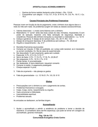 APOSTILA Sobre ACONSELHAMENTO
Pág. 154 de 175
Comunidade Evangélica Cristo Centro
o Ganhos de forma realista (tentando evitar dívidas) – Rm. 13:6-8
o Compartilhar com alegria – II Co. 9:7, II Co. 8:14-15, Pv. 3:9, Pv. 19:17, I Co.
16:2
Causas Principais dos Problemas Financeiros
Pessoas vivem em função do dia do pagamento, onde o dinheiro dura alguns dias e o
resto do mês sem nada. Os problemas surgem em todas as classes socioeconômicas.
1. Valores distorcidos – o modo como lidamos com o dinheiro:
a. Materialismo “correr” atrás das boas coisas da vida; mimados, impacientes; $ com
poder de sedução, trazendo uma falsa sensação de segurança, liberdade e
onipotência. Pessoas dão dinheiro tranquilas ou escondem o materialismo – Lc. 12:15
b. Cobiça e ganância desejo de ter sempre mais – Êx. 20:17, Rm. 13:9
c. Desejo de enriquecer depressa de preferência sem esforço – Pv. 28:20-22
d. Orgulho e ressentimento – Ap. 3:17
2. Decisões financeiras equivocadas:
a. Comprar por impulso Não vê qualidade, se o preço está razoável, se é necessário
ou se tem condições. Ex: fila de caixa de supermercado
b. Ser descuidado sem orçamento, gasta sem cuidado
c. Especular Pv. 21:5, Ec. 5:15-17
d. Servir de fiador Pv. 11:15, Pv. 17:18, Pv. 22:26-27
e. Ser preguiçoso Pv. 19:15, II Ts. 3:10
f. Perder tempo procrastinação
g. Ser desleixado bens deterioram, requerem conserto
h. Comprar à credito pagamento postergado
i. Cheque especial juros
3. Falta de orçamento – não planeja os gastos
4. Falta de generosidade – Lc. 12:16-21, Pv. 3:9, Gl. 6:10
Efeitos
Preocupações com o dinheiro ou com o pagamento de contas;
Problemas financeiros e conjugais;
Culpa, inveja, ciúme, ressentimento ou orgulho;
Vazio emocional e infelicidade;
Insensibilidade espiritual;
Problemas sexuais.
As amizades se desfazesm, as famílias brigam.
Aconselhando
1. Ajudar o aconselhado a admitir a existência do problema e tomar a decisão de
resolvê-lo. O conselheiro deve dar-lhe esperança, que pode se tornar em coragem do
aconselhado, gerando motivação.
 