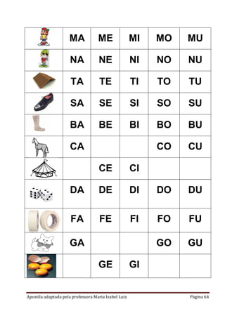 MA

ME

MI

MO

MU

NA

NE

NI

NO

NU

TA

TE

TI

TO

TU

SA

SE

SI

SO

SU

BA

BE

BI

BO

BU

CO

CU

CA
CE

CI

DA

DE

DI

DO

DU

FA

FE

FI

FO

FU

GO

GU

GA
GE
Apostila adaptada pela professora Maria Izabel Luiz

GI
Página 64

 