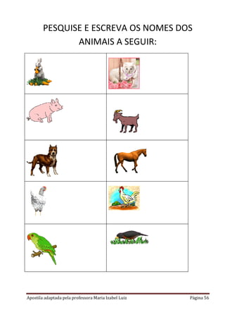 Apostila adaptada pela professora Maria Izabel Luiz Página 56
PESQUISE E ESCREVA OS NOMES DOS
ANIMAIS A SEGUIR:
 