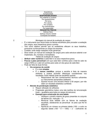 Experiência
Complexidade
RESPONSABILIDADES
Por material ou produto
Por equipamentos
Por erros
Por valores
Por contatos
Por subordinados
Por supervisão
REQUISITOS FÍSICOS
Esforço físico
Esforço visual e mental
Condições de trabalho
2. Montagem do manual de avaliação de cargos:
o É o instrumento que reúne todos os fatores escolhidos para proceder a avaliação
dos cargos, seus respectivos graus e pontos.
o Tem como objetivo permitir que os avaliadores efetuem os seus trabalhos,
pontuando numericamente os cargos da empresa.
o Cuidado: evite redigir redações muito genéricas.
o Deve existir um manual de avaliação de cargos para cada estrutura salarial a ser
implantada. (Ex. horistas e mensalistas)
3. Tabela de avaliação de cargos:
o Atribuir valor numérico a cada fator e os seus respectivos graus.
o Fixa-se o peso percentual com que cada fator contribui para o total do valor do
cargo (100%) e o valor em pontos para cada um dos graus de cada fator.
o Pode ser feita de duas formas:
 Via consenso do comitê
• É o mais simples
• É o menos científico, porque a escolha é feita de maneira
arbitrária e poderá acarretar diferenças consideráveis nos
resultados. Esse método pode ser escolhido quando:
o Responsável não tem conhecimentos técnicos suficientes
ou instrumentos apropriados (software)
o Quando houver uma amostra inferior a 50 cargos ( por não
obter um resultado estatístico confiável)
 Através de ponderação estatística
• Requer utilização de softwares
• Progressão geométrica traduz uma reta (política de remuneração
linear – igualitária para todos os cargos da estrutura)
• Exemplo para construção de uma tabela:
o Verifique o número máximo de graus presentes no conjunto
de fatores (Ex. Instrução – 7)
o Monta-se duas tabelas com os fatores de avaliação
escolhido, obedecendo ao percentual do peso que lhe foi
atribuído.
o Aporta-se um número na primeira tabela (150) e outro na
segunda tabela (150 * 9 = 1350) – (r - coeficiente de
12
 