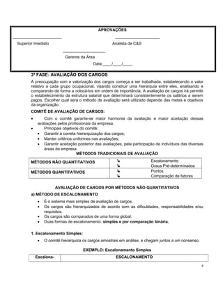 APROVAÇÕES
______________________ ____________________
Superior Imediato Analista de C&S
___________________
Gerente da Área
Data:____/____/____.
3ª FASE: AVALIAÇÃO DOS CARGOS
A preocupação com a valorização dos cargos começa a ser trabalhada, estabelecendo o valor
relativo a cada grupo ocupacional, visando construir uma hierarquia entre eles, analisando e
comparando de forma a colocá-los em ordem de importância. A avaliação de cargos irá permitir
o estabelecimento da estrutura salarial que determinará consistentemente os salários a serem
pagos. Escolher qual será o método de avaliação será utilizado depende das metas e objetivos
da organização.
COMITÊ DE AVALIAÇÃO DE CARGOS:
• Com o comitê garante-se maior harmonia da avaliação e maior aceitação dessas
avaliações pelos profissionais da empresa.
• Principais objetivos do comitê:
• Garantir a correta hierarquização dos cargos;
• Manter critérios uniformes nas avaliações;
• Garantir aceitação posterior das avaliações, pela participação de indivíduos das diversas
áreas da empresa.
MÉTODOS TRADICIONAIS DE AVALIAÇÃO
MÉTODOS NÃO QUANTITATIVOS  Escalonamento
 Graus Pré-determinados
MÉTODOS QUANTITATIVOS  Pontos
 Comparação de fatores
AVALIAÇÃO DE CARGOS POR MÉTODOS NÃO QUANTITATIVOS
a) MÉTODO DE ESCALONAMENTO
• É o sistema mais simples de avaliação de cargos.
• Os cargos são hierarquizados de acordo com as dificuldades, responsabilidades e/ou
requisitos.
• Os cargos são comparados de uma forma global.
• Duas formas de escalonamento: simples e por comparação binária.
1. Escalonamento Simples:
• O comitê hierarquiza os cargos amostrais em análise, e chegam juntos a um consenso.
EXEMPLO: Escalonamento Simples
Escalona- ESCALONAMENTO
9
 