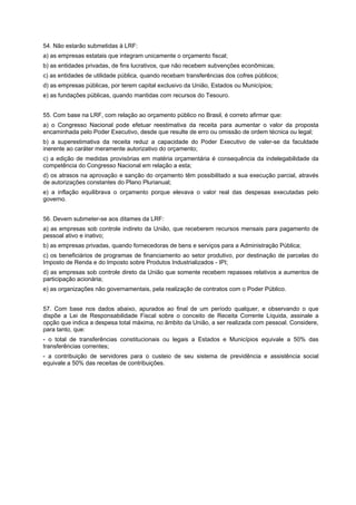 54. Não estarão submetidas à LRF:
a) as empresas estatais que integram unicamente o orçamento fiscal;
b) as entidades privadas, de fins lucrativos, que não recebem subvenções econômicas;
c) as entidades de utilidade pública, quando recebam transferências dos cofres públicos;
d) as empresas públicas, por terem capital exclusivo da União, Estados ou Municípios;
e) as fundações públicas, quando mantidas com recursos do Tesouro.
55. Com base na LRF, com relação ao orçamento público no Brasil, é correto afirmar que:
a) o Congresso Nacional pode efetuar reestimativa da receita para aumentar o valor da proposta
encaminhada pelo Poder Executivo, desde que resulte de erro ou omissão de ordem técnica ou legal;
b) a superestimativa da receita reduz a capacidade do Poder Executivo de valer-se da faculdade
inerente ao caráter meramente autorizativo do orçamento;
c) a edição de medidas provisórias em matéria orçamentária é consequência da indelegabilidade da
competência do Congresso Nacional em relação a esta;
d) os atrasos na aprovação e sanção do orçamento têm possibilitado a sua execução parcial, através
de autorizações constantes do Plano Plurianual;
e) a inflação equilibrava o orçamento porque elevava o valor real das despesas executadas pelo
governo.
56. Devem submeter-se aos ditames da LRF:
a) as empresas sob controle indireto da União, que receberem recursos mensais para pagamento de
pessoal ativo e inativo;
b) as empresas privadas, quando fornecedoras de bens e serviços para a Administração Pública;
c) os beneficiários de programas de financiamento ao setor produtivo, por destinação de parcelas do
Imposto de Renda e do Imposto sobre Produtos Industrializados - IPI;
d) as empresas sob controle direto da União que somente recebem repasses relativos a aumentos de
participação acionária;
e) as organizações não governamentais, pela realização de contratos com o Poder Público.
57. Com base nos dados abaixo, apurados ao final de um período qualquer, e observando o que
dispõe a Lei de Responsabilidade Fiscal sobre o conceito de Receita Corrente Líquida, assinale a
opção que indica a despesa total máxima, no âmbito da União, a ser realizada com pessoal. Considere,
para tanto, que:
- o total de transferências constitucionais ou legais a Estados e Municípios equivale a 50% das
transferências correntes;
- a contribuição de servidores para o custeio de seu sistema de previdência e assistência social
equivale a 50% das receitas de contribuições.

 