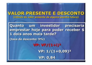VALOR PRESENTE E DESCONTO
  (Cálculo do valor presente de alguma quantia futura)
  (Cálculo do valor presente de alguma quantia futura)


Quanto um investidor precisaria
emprestar hoje para poder receber $
1 dois anos mais tarde?
(taxa de desconto: 9%)

                 VP: VF/(1+i)²
                     VP: 1/(1+0,09)²
                      VP: 0,84
 