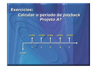Exercícios:
   Calcular o período de payback
              Projeto A?



             14.000
             14.000   14.000
                      14.000   14.000
                               14.000   14.000
                                        14.000   14.000
                                                 14.000




               1
               1       2
                       2         3
                                 3        4
                                          4       5
                                                  5

    42.000
    42.000
 