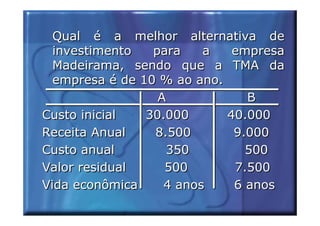 Qual é a melhor alternativa de
  investimento   para    a   empresa
  Madeirama, sendo que a TMA da
  empresa é de 10 % ao ano.
                  A            B
Custo inicial   30.000      40.000
Receita Anual    8.500       9.000
Custo anual        350         500
Valor residual     500       7.500
Vida econômica     4 anos    6 anos
 