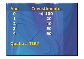 Ano      Investimento
 0          -$ 100
 1              20
 2              40
 3              50
 4              60

Qual é a TIR?
 