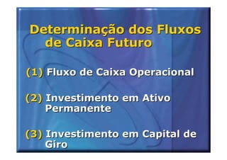 Determinação dos Fluxos
  de Caixa Futuro

(1) Fluxo de Caixa Operacional

(2) Investimento em Ativo
    Permanente

(3) Investimento em Capital de
    Giro
 