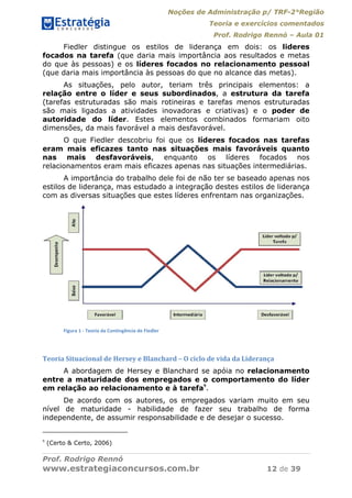 Noções de Administração p/ TRF-2°Região
Teoria e exercícios comentados
Prof. Rodrigo Rennó – Aula 01
Prof. Rodrigo Rennó
www.estrategiaconcursos.com.br 12 de 39
Fiedler distingue os estilos de liderança em dois: os lideres
focados na tarefa (que daria mais importância aos resultados e metas
do que às pessoas) e os líderes focados no relacionamento pessoal
(que daria mais importância às pessoas do que no alcance das metas).
As situações, pelo autor, teriam três principais elementos: a
relação entre o líder e seus subordinados, a estrutura da tarefa
(tarefas estruturadas são mais rotineiras e tarefas menos estruturadas
são mais ligadas a atividades inovadoras e criativas) e o poder de
autoridade do líder. Estes elementos combinados formariam oito
dimensões, da mais favorável a mais desfavorável.
O que Fiedler descobriu foi que os líderes focados nas tarefas
eram mais eficazes tanto nas situações mais favoráveis quanto
nas mais desfavoráveis, enquanto os líderes focados nos
relacionamentos eram mais eficazes apenas nas situações intermediárias.
A importância do trabalho dele foi de não ter se baseado apenas nos
estilos de liderança, mas estudado a integração destes estilos de liderança
com as diversas situações que estes líderes enfrentam nas organizações.
Figura 1 ‐ Teoria da Contingência de Fiedler 
Teoria	Situacional	de	Hersey	e	Blanchard	–	O	ciclo	de	vida	da	Liderança	
A abordagem de Hersey e Blanchard se apóia no relacionamento
entre a maturidade dos empregados e o comportamento do líder
em relação ao relacionamento e à tarefa9
.
De acordo com os autores, os empregados variam muito em seu
nível de maturidade - habilidade de fazer seu trabalho de forma
independente, de assumir responsabilidade e de desejar o sucesso.
9
(Certo & Certo, 2006)
 