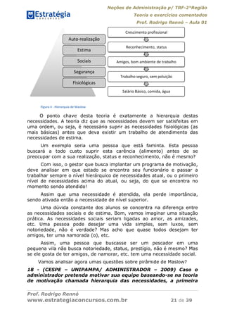 Noções de Administração p/ TRF-2°Região
Teoria e exercícios comentados
Prof. Rodrigo Rennó – Aula 01
Prof. Rodrigo Rennó
www.estrategiaconcursos.com.br 21 de 39
Figura 4 ‐ Hierarquia de Maslow 
O ponto chave desta teoria é exatamente a hierarquia destas
necessidades. A teoria diz que as necessidades devem ser satisfeitas em
uma ordem, ou seja, é necessário suprir as necessidades fisiológicas (as
mais básicas) antes que deva existir um trabalho de atendimento das
necessidades de estima.
Um exemplo seria uma pessoa que está faminta. Esta pessoa
buscará a todo custo suprir esta carência (alimento) antes de se
preocupar com a sua realização, status e reconhecimento, não é mesmo?
Com isso, o gestor que busca implantar um programa de motivação,
deve analisar em que estado se encontra seu funcionário e passar a
trabalhar sempre o nível hierárquico de necessidades atual, ou o primeiro
nível de necessidades acima do atual, ou seja, do que se encontra no
momento sendo atendido!
Assim que uma necessidade é atendida, ela perde importância,
sendo ativada então a necessidade de nível superior.
Uma dúvida constante dos alunos se concentra na diferença entre
as necessidades sociais e de estima. Bom, vamos imaginar uma situação
prática. As necessidades sociais seriam ligadas ao amor, as amizades,
etc. Uma pessoa pode desejar uma vida simples, sem luxos, sem
notoriedade, não é verdade? Mas acho que quase todos desejam ter
amigos, ter uma namorada (o), etc.
Assim, uma pessoa que buscasse ser um pescador em uma
pequena vila não busca notoriedade, status, prestígio, não é mesmo? Mas
se ele gosta de ter amigos, de namorar, etc. tem uma necessidade social.
Vamos analisar agora umas questões sobre pirâmide de Maslow?
18 - (CESPE – UNIPAMPA/ ADMINISTRADOR – 2009) Caso o
administrador pretenda motivar sua equipe baseando-se na teoria
de motivação chamada hierarquia das necessidades, a primeira
Auto‐realização
Estima
Sociais
Segurança
Fisiológicas
Crescimento profissional
Reconhecimento, status
Amigos, bom ambiente de trabalho
Trabalho seguro, sem poluição
Salário Básico, comida, água
 
