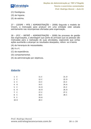 Noções de Administração p/ TRF-2°Região
Teoria e exercícios comentados
Prof. Rodrigo Rennó – Aula 01
Prof. Rodrigo Rennó
www.estrategiaconcursos.com.br 38 de 39
(C) fisiológicos.
(D) de higiene.
(E) de estima.
27 - (CESPE – MTE / ADMINISTRAÇÃO – 2008) Segundo o modelo de
Vroom, a motivação para produzir em uma entidade está calcada
estritamente nas recompensas ofertadas pela organização.
28 - (FCC – METRÔ – ADMINISTRAÇÃO – 2008) No processo de gestão
das organizações, a abordagem que parte do princípio que as pessoas são
motivadas para a realização de suas atividades, esperando que certas
ações auxiliarão a alcançar os resultados desejados, refere- se à teoria
(A) da hierarquia de necessidades.
(B) X e Y.
(C) da expectância.
(D) comportamental.
(E) da administração por objetivos.
Gabarito
1. E 
2. C 
3. E 
4. A 
5. C 
6. A 
7. C 
8. C 
9. E 
10. D 
11. E 
12. C 
13. E 
14. E 
15. D 
16. D 
17. C 
18. E 
19. B 
20. C 
21. D 
22. D 
23. E 
24. A 
25. E 
26. D 
27. E 
28. C 
 
 
 