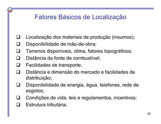 Fatores Básicos de Localização
 Localização dos materiais de produção (insumos);
 Disponibilidade de mão-de-obra;
 Terr...