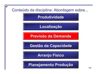 Previsão da Demanda
Gestão da Capacidade
Arranjo Físico
Produtividade
Conteúdo da disciplina: Abordagem sobre...
104
Localização
Planejamento Produção
 