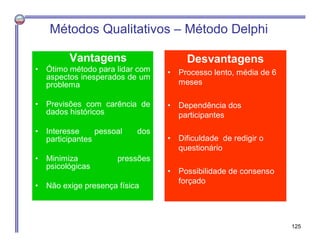 Vantagens
• Ótimo método para lidar com
aspectos inesperados de um
problema
• Previsões com carência de
dados históricos
• Interesse pessoal dos
participantes
• Minimiza pressões
psicológicas
• Não exige presença física
Métodos Qualitativos – Método Delphi
Desvantagens
• Processo lento, média de 6
meses
• Dependência dos
participantes
• Dificuldade de redigir o
questionário
• Possibilidade de consenso
forçado
125
 