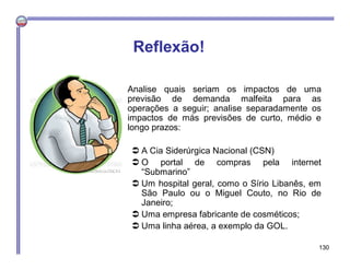 Analise quais seriam os impactos de uma
previsão de demanda malfeita para as
operações a seguir; analise separadamente os
impactos de más previsões de curto, médio e
longo prazos:
 A Cia Siderúrgica Nacional (CSN)
 O portal de compras pela internet
“Submarino”
 Um hospital geral, como o Sírio Libanês, em
São Paulo ou o Miguel Couto, no Rio de
Janeiro;
 Uma empresa fabricante de cosméticos;
 Uma linha aérea, a exemplo da GOL.
130
Reflexão!
 