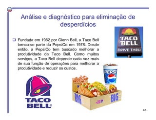 Fundada em 1962 por Glenn Bell, a Taco Bell
tornou-se parte da PepsiCo em 1978. Desde
então, a PepsiCo tem buscado melhorar a
produtividade da Taco Bell. Como muitos
serviços, a Taco Bell depende cada vez mais
de sua função de operações para melhorar a
produtividade e reduzir os custos.
Análise e diagnóstico para eliminação de
desperdícios
42
 