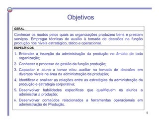 Objetivos
GERAL
Conhecer os modos pelos quais as organizações produzem bens e prestam
serviços. Empregar técnicas de auxílio à tomada de decisões na função
produção nos níveis estratégico, tático e operacional.
ESPECÍFICOS
1. Entender a inserção da administração da produção no âmbito de toda
organização;
2. Conhecer o processo de gestão da função produção;
3. Capacitar o aluno a tomar e/ou auxiliar na tomada de decisões em
diversos níveis na área da administração da produção;
4. Identificar e analisar as relações entre as estratégias da administração da
produção e estratégia corporativa;
5. Desenvolver habilidades específicas que qualifiquem os alunos a
administrar a produção;
6. Desenvolver conteúdos relacionados a ferramentas operacionais em
administração de Produção.
5
 
