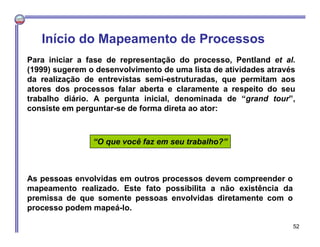 Para iniciar a fase de representação do processo, Pentland et al.
(1999) sugerem o desenvolvimento de uma lista de atividades através
da realização de entrevistas semi-estruturadas, que permitam aos
atores dos processos falar aberta e claramente a respeito do seu
trabalho diário. A pergunta inicial, denominada de “grand tour”,
consiste em perguntar-se de forma direta ao ator:
“O que você faz em seu trabalho?”
As pessoas envolvidas em outros processos devem compreender o
mapeamento realizado. Este fato possibilita a não existência da
premissa de que somente pessoas envolvidas diretamente com o
processo podem mapeá-lo.
Início do Mapeamento de Processos
52
 