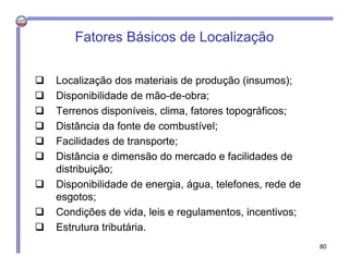 Fatores Básicos de Localização
 Localização dos materiais de produção (insumos);
 Disponibilidade de mão-de-obra;
 Terrenos disponíveis, clima, fatores topográficos;
 Distância da fonte de combustível;
 Facilidades de transporte;
 Distância e dimensão do mercado e facilidades de
distribuição;
 Disponibilidade de energia, água, telefones, rede de
esgotos;
 Condições de vida, leis e regulamentos, incentivos;
 Estrutura tributária.
80
 