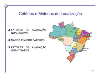 Critérios e Métodos de Localização
 FATORES DE AVALIAÇÃO
QUALITATIVA;
 MACRO E MICRO FATORES;
 FATORES DE AVALIAÇÃO
QUANTITATIVA.
81
 