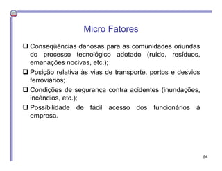 Micro Fatores
 Conseqüências danosas para as comunidades oriundas
do processo tecnológico adotado (ruído, resíduos,
emanações nocivas, etc.);
 Posição relativa às vias de transporte, portos e desvios
ferroviários;
 Condições de segurança contra acidentes (inundações,
incêndios, etc.);
 Possibilidade de fácil acesso dos funcionários à
empresa.
84
 