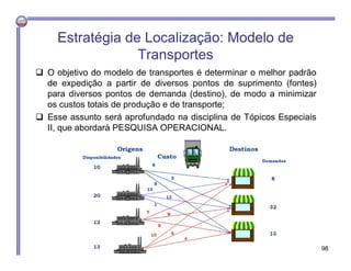 Estratégia de Localização: Modelo de
Transportes
 O objetivo do modelo de transportes é determinar o melhor padrão
de expedição a partir de diversos pontos de suprimento (fontes)
para diversos pontos de demanda (destino), de modo a minimizar
os custos totais de produção e de transporte;
 Esse assunto será aprofundado na disciplina de Tópicos Especiais
II, que abordará PESQUISA OPERACIONAL.
98
 