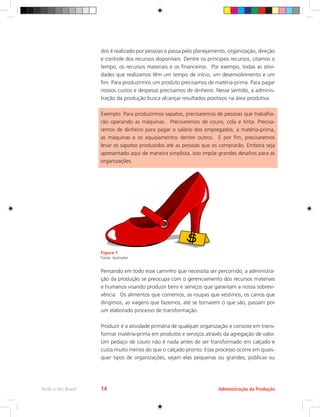 dos é realizado por pessoas e passa pelo planejamento, organização, direção
e controle dos recursos disponíveis. Dentre os principais recursos, citamos o
tempo, os recursos materiais e os financeiros. Por exempo, todas as ativi-
dades que realizamos têm um tempo de início, um desenvolvimento e um
fim. Para produzirmos um produto precisamos de matéria-prima. Para pagar
nossos custos e despesas precisamos de dinheiro. Nesse sentido, a adminis-
tração da produção busca alcançar resultados positivos na área produtiva.
Exemplo: Para produzirmos sapatos, precisaremos de pessoas que trabalha-
rão operando as máquinas. Precisaremos de couro, cola e tinta. Precisa-
remos de dinheiro para pagar o salário dos empregados, a matéria-prima,
as máquinas e os equipamentos dentre outros. E por fim, precisaremos
levar os sapatos produzidos até as pessoas que os comprarão. Embora seja
apresentado aqui de maneira simplista, isso impõe grandes desafios para as
organizações.
Figura 1
Fonte: ilustrador
Pensando em todo esse caminho que necessita ser percorrido, a administra-
ção da produção se preocupa com o gerenciamento dos recursos materiais
e humanos visando produzir bens e serviços que garantam a nossa sobrevi-
vência. Os alimentos que comemos, as roupas que vestimos, os carros que
dirigimos, as viagens que fazemos, até se tornarem o que são, passam por
um elaborado processo de transformação.
Produzir é a atividade primária de qualquer organização e consiste em trans-
formar matéria-prima em produtos e serviços através da agregação de valor.
Um pedaço de couro não é nada antes de ser transformado em calçado e
custa muito menos do que o calçado pronto. Esse processo ocorre em quais-
quer tipos de organizações, sejam elas pequenas ou grandes; públicas ou
Administração da Produção
Rede e-Tec Brasil 14
 