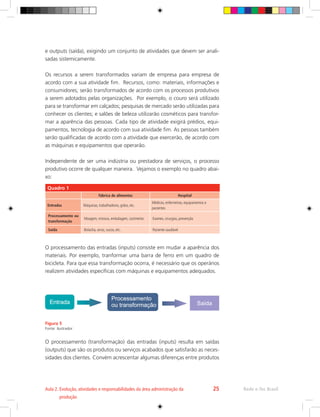 e outputs (saída), exigindo um conjunto de atividades que devem ser anali-
sadas sistemicamente.
Os recursos a serem transformados variam de empresa para empresa de
acordo com a sua atividade fim. Recursos, como: materiais, informações e
consumidores; serão transformados de acordo com os processos produtivos
a serem adotados pelas organizações. Por exemplo, o couro será utilizado
para se transformar em calçados; pesquisas de mercado serão utilizadas para
conhecer os clientes; e salões de beleza utilizarão cosméticos para transfor-
mar a aparência das pessoas. Cada tipo de atividade exigirá prédios, equi-
pamentos, tecnologia de acordo com sua atividade fim. As pessoas também
serão qualificadas de acordo com a atividade que exercerão, de acordo com
as máquinas e equipamentos que operarão.
Independente de ser uma indústria ou prestadora de serviços, o processo
produtivo ocorre de qualquer maneira. Vejamos o exemplo no quadro abai-
xo:
O processamento das entradas (inputs) consiste em mudar a aparência dos
materiais. Por exemplo, tranformar uma barra de ferro em um quadro de
bicicleta. Para que essa transformação ocorra, é necessário que os operários
realizem atividades específicas com máquinas e equipamentos adequados.
Figura 5
Fonte: ilustrador
O processamento (transformação) das entradas (inputs) resulta em saídas
(outputs) que são os produtos ou serviços acabados que satisfarão as neces-
sidades dos clientes. Convém acrescentar algumas diferenças entre produtos
Quadro 1
Fábrica de alimentos Hospital
Entradas Máquinas, trabalhadores, grãos, etc.
Médicos, enfermeiras, equipamentos e
pacientes
Processamento ou
transformação
Moagem, mistura, embalagem, cozimento Exames, cirurgias, prevenção
Saída Bolacha, arroz, sucos, etc. Paciente saudável
Rede e-Tec Brasil
Aula 2. 
Evolução, atividades e responsabilidades da área administração da
produção
25
 