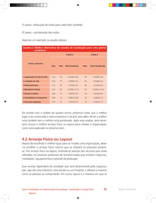 Rede e-Tec Brasil
Aula 4. 
Instalações em administração da produção - localização e arranjo físico
(layout)
45
3º passo- atribuição de notas para cada fator avaliado.
4º passo – ponderação das notas.
Vejamos um exemplo no quadro abaixo:
De acordo com a análise do quadro acima, podemos notar que o melhor
lugar a ser construido a nova empresa é o local B, pois além de ter a melhor
nota também tem a melhor nota ponderada. Após essa análise, será neces-
sário buscar o melhor arranjo físico ou layout para instalar a organização,
como será explicado no próximo item.
4.2 Arranjo Físico ou Layout
Depois de escolhido o melhor lugar para se instalar uma organização, deve-
-se escolher o arranjo físico interno que se utilizará no processo produti-
vo. Por arranjo físico ou layout, entende-se posição dos recursos que serão
utilizados no processo produtivo de transformação que envolve máquinas,
instalações, equipamentos e pessoal da produção.
Esse arranjo dependerá da atividade que será desenvolvida pela organiza-
ção, seja ela uma indústria, uma escola ou um hospital; e afetará a maneira
como as pessoas se comportarão. Em suma, layout é a maneira em que se
Quadro 2: 
Melhor alternativa de escolha de localização para uma planta
produtiva
Fatores relevantes
Cidade A Cidade B
Peso Nota Nota Ponderada Nota Nota Ponderada
1 capacitação de mão de obra 0,20 90 0,20x90=18,0 80 0,20x80=16,0
2 condições de vida 0,05 50 0,05x50=2,5 60 0,05x60=3,0
3 Infra-estrutura 0,12 35 0,12x35=4,2 50 0,12x50=6,0
4 Benefícios fiscais 0,25 85 0,25x85=21,25 85 0,25x85=21,25
5 Acesso à rodovia 0,30 10 0,30x10=3,0 30 0,30x30=9,0
6 Proximidade de transportes 0,08 10 0,08x10=0,80 30 0,08x30=2,4
7 Área para expansão 0,10 10 0,10x10=1,0 10 0,10x10=1,0
 