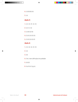 Administração da Produção
Rede e-Tec Brasil 80
4.	 (A) (B) (B) (A)
5.	 (a)
Aula 5
1.	 (V) (V) (F) (V) (F)
2.	 (a) (c) (e)
3.	 (a) (b) (a) (b)
4.	 (V) (F) (V) (V) (V)
5.	 (V) (F) (V) (V) (F)
Aula 6
1.	 (V) (V) (V) (F) (F)
2.	 (a)
3.	 (b)
4.	 Ver o item definições de qualidade
5.	 (b) (d)
6.	 b,a,h,d,c,f,g,j,e,i
 