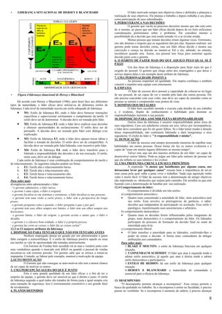 •    LIDERANÇA SITUACIONAL DE HERSEY E BLANCHARD                                                  O líder motivado sempre tem objetivos claros e definidos e planejou a
                                                                                     realização de seus objetivos. Ele planeja o trabalho e depois trabalha o seu plano
                                                                                     coma participação de seus subordinados.
                                                                                     5. PERSEVERANÇA NAS DECISÕES
                                                                                                  O gerente que vacila no processo decisório mostra que não está certo
                                                                                     de si mesmo, ao passo que um líder eficaz decide depois de ter feito suficientes
                                                                                     considerações preliminares sobre o problema. Ele considera mesmo a
                                                                                     possibilidade de a decisão que está sendo tomada vir a se revelar errada.
                                                                                                  Muitas pessoas que tomam decisões erram algumas vezes. Entretanto,
                                                                                     isto não diminui o respeito que os seguidores têm por elas. Sejamos realistas: um
                                                                                     gerente pode tomar decisões certas, mas um líder eficaz decide e mostra sua
                                                                                     convicção e crença na decisão ao manter-se fiel a ela, sabendo, no entanto,
                                                                                     reconhecer quando erra. Assim, seu pessoal tem força para sustentar aquela
                                                                                     decisão junto com o gerente.
                                                                                     6. O HÁBITO DE FAZER MAIS DO QUE AQUILO PELO QUAL SE É
                                                                                     PAGO
                                                                                                  Um dos ônus da liderança é a disposição para fazer mais do que é
                                                                                     exigido do pessoal. O gerente que chega antes dos empregados e que deixa o
                                                                                     serviço depois deles é um exemplo deste atributo de liderança.
                                                                                     7. UMA PERSONALIDADE POSITIVA
                                                                                                  As pessoas respeitam tal qualidade. Ela inspira confiança e também
                                                                                     constrói e mantém uma equipe com entusiasmo.
                                                                                     8. EMPATIA
                                                                                                  O líder de sucesso deve possuir a capacidade de colocar-se no lugar
•    Figura 4 liderança situacional de Hersey e Blanchard                            de seu pessoal, de ser capaz de ver o mundo pelo lado das outras pessoas. Ele
                                                                                     não precisa concordar com essa visão, mas deve ser capaz de entender como as
      De acordo com Hersey e Blanchard (1986), para fazer face aos diferentes        pessoas se sentem e compreender seus pontos de vista.
tipos de maturidade, o líder eficaz deve utilizar-se de diferentes estilos de        9. DOMÍNIO DOS DETALHES
liderança. Cada nível de maturidade suscita um estilo adequado de liderança:                      O líder bem sucedido entende e executa cada detalhe do seu trabalho
      • M1: Estilo de liderança E1, onde o líder deve fornecer instruções            e, é evidente, dispõe de conhecimento e habilidade para dominar as
            específicas e supervisionar estritamente o cumprimento da tarefa. O      responsabilidades inerentes à sua posição.
            estilo deve ser de determinar. A decisão deve ser tomada pelo líder.     10. DISPOSIÇÃO PARA ASSUMIR PLENA RESPONSABILIDADE
                                                                                                  Outros ônus da liderança é assumir responsabilidade pelos erros de
      • M2: Estilo de liderança E2, onde o líder deve explicar suas decisões         seus seguidores. Caso um subalterno cometa um erro, talvez por incompetência,
            e oferecer oportunidades de esclarecimento. O estilo deve ser de
                                                                                     o líder deve considerar que foi ele quem falhou. Se o líder tentar mudar a direção
            persuadir. A decisão deve ser tomada pelo líder com diálogo e/ou         dessa responsabilidade, não continuará liderando e dará insegurança a seus
            explicação.
                                                                                     seguidores. O clichê do líder é: "A responsabilidade é minha".
      • M3: Estilo de liderança E3, onde o líder deve apenas trocar idéias e         11. DUPLICAÇÃO
            facilitar a tomada de decisões. O estilo deve ser de compartilhar. A                  O líder de sucesso está sempre procurando maneiras de espelhar suas
            decisão deve ser tomada pelo líder/liderado, com incentivo pelo líder.   habilidades em outras pessoas. Dessa forma ele faz os outros evoluírem e é
      • M4: Estilo de liderança E4, onde o líder deve transferir para o              capaz de "estar em muitos lugares diferentes ao mesmo tempo".
            liderado a responsabilidade das decisões e da sua execução. O estilo,                 Talvez este seja um dos maiores atributos de um líder: ser capaz de
            neste caso, deve ser de delegar.                                         desenvolver outros lideres. Pode-se julgar um líder pelo número de pessoas em
      Cada estilo de liderança é uma combinação de comportamentos de tarefa e        que ele refletiu os seus talentos e fez evoluir.
de relacionamento. As seguintes relações podem ser feitas:                           12. UMA PROFUNDA CRENÇA EM SEUS PRINCÍPIOS
      a.    E1: Tarefa alta e relacionamento baixo.                                               A expressão "A menos que batalhemos por alguma causa, nos
      b. E2: Tarefa alta e relacionamento alto.                                      deixaremos levar por qualquer causa" resume bem a importância de ter-se
      c.    E3: Tarefa baixa e relacionamento alto.                                  uma causa pela qual valha a pena viver e trabalhar. Nada cuja aquisição tenha
      d. E4: Tarefa baixa e relacionamento baixo.                                    valor é muito fácil. O líder de sucesso tem a determinação de atingir objetivos
Para saber mais                                                                      não importando os obstáculos que surjam pelo caminho. Ele acredita no que está
divergências entre administrador e líder:                                            fazendo com a determinação de batalhar por sua realização.
· “o gerente administra, o líder inova;                                              12.4 Comportamento do líder:
· o gerente é uma cópia, o líder é original;                                                      O comportamento é dividido em três estilos:
· o gerente focaliza-se em sistemas e estruturas, o líder focaliza-se nas pessoas;         a) comportamento autocrático:
· o gerente tem uma visão a curto prazo, o líder tem a perspectiva do longo                •      Quanto mais concentrado a autoridade do líder, mais autocrático será
prazo;                                                                                            seu estilo. Essa envolve as prerrogativas de gerência, a saber:
· o gerente pergunta como e quando, o líder pergunta o que e por quê;                             decisões que independem de participação ou aceitação. Esse estilo é
· o gerente tem seus olhos sempre nos limites, o líder tem seu olhos sempre nos                   patológico, transformando num autoritarismo e arbitrário.
horizontes;                                                                                b) comportamento democrático:
· o gerente limita, o líder dá origem; o gerente aceita o status quo, o líder o            •      Quanto mais as decisões forem influenciadas pelos integrantes do
desafia;                                                                                          grupo, mais democrático é o comportamento do líder. Os liderados
· o gerente é o clássico bom soldado, o líder é a própria pessoa;                                 participam do processo de formação da decisão final ou usam da
· o gerente faz certo as coisas, o líder faz as coisas certas”                                    autoridade para tê-la.
12.3 os 12 maiores atributos da liderança                                                  c) comportamento liberal:
1. DISPOSIÇÃO PARA TENTAR O QUE NÃO FOI TENTADO ANTES                                      •      O líder transfere a autoridade para os liderados, conferindo-lhes o
            Nenhum empregado deseja ser guiado por um administrador a quem                        poder de tomar a decisão. A forma mais contundente de delegar
falte coragem e autoconfiança. É o estilo de liderança positiva aquele eu ousa                    atribuições aos comandados.
nas tarefas se vale de oportunidade não tentadas anteriormente.                            Para saber mais:
            Um Gerente de Vendas bem sucedido irá às ruas e venderá junto com                 1. BLAKE E MOUTON: o estilo de liderança funciona em qualquer
seus vendedores quando o mercado está difícil ou quando o pessoal de vendas                   situação.
encontrar-se sob extrema pressão. Tal gerente sabe que se arrisca a tornar-se                 2. TAMNENBAUM SCHIMIDT: O líder que atua à esquerda tende a
impopular. Contudo, ao liderar pelo exemplo, manterá a motivação da equipe.                    adotar estilo autocrático, já aquele que atua à direita tende a adotar
2.AUTO MOTIVAÇÃO                                                                               estilo democrático e participativo.
            O Gerente que não consegue se auto-motivar não tem a menor chance                  3. ESTILO DE REDDIN: há um estilo de liderança para qualquer
de ser capaz de motivar os outros.                                                             situação
3. UMA PERCEPÇÃO AGUDA DO QUE É JUSTO                                                          4. HERSEY E BLANCHARD: a maturidade do comandado é
            Esta é uma grande qualidade de um líder eficaz e a fim de ter o                    essencial para a eficácia da liderança.
respeito da equipe, o gerente deve ser sensível ao que é direito e justo. O estilo
de liderança segundo o qual todos são tratados de forma justa e igual sempre cria    13. DESEMPENHO
uma sensação de segurança. Isso é extremamente construtivo e um grande fator              “O desempenho permite alcançar a recompensa”. Essa crença permite a
de nivelamento.                                                                      busca da qualidade no trabalho. Se a recompensa é entrar na faculdade, é preciso
4. PLANOS DEFINIDOS                                                                  passar no vestibular. Se a recompensa é aumento de salário, é preciso alcançar

                                                                                                                                                                     8
 