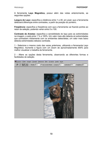 Webdesign PHOTOSHOP 
A ferramenta Laço Magnético, possui além das vistas anteriormente, as seguintes opções: 
Largura do Laço: especifica a distância entre 1 e 40, em pixel, que a ferramenta detectará diferenças entre contrastes, a partir da posição do ponteiro. 
Freqüência: especifica a freqüência com que a ferramenta vai fixando pontos ao redor da seleção, podendo variar entre 0 e 100. 
Contraste de Arestas: especifica a sensibilidade do laço para as extremidades na imagem, e está entre 1 % e 100%. Um valor mais alto detecta só extremidades que contrastam nitidamente com os ambientes deles/delas; um valor mais baixo detecta extremidades debaixo contraste. 
1 - Selecione o mesmo rosto das vezes anteriores, utilizando a ferramenta Laço Magnético. Aumente a figura com um Zoom de aproximadamente 500% para melhor visualizar o trabalha da ferramenta. 
2 - Altere as opções desta ferramenta, observando as diferentes formas e facilidades de seleção. 
13 
 