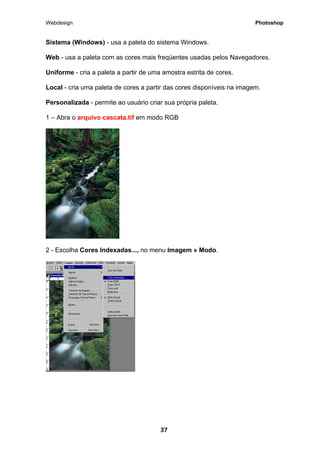 Webdesign Photoshop 
Sistema (Windows) - usa a paleta do sistema Windows. 
Web - usa a paleta com as cores mais freqüentes usadas pelos Navegadores. 
Uniforme - cria a paleta a partir de uma amostra estrita de cores. 
Local - cria uma paleta de cores a partir das cores disponíveis na imagem. 
Personalizada - permite ao usuário criar sua própria paleta. 
1 – Abra o arquivo cascata.tif em modo RGB 
2 - Escolha Cores Indexadas..., no menu Imagem » Modo. 
37 
 