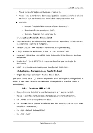 Aula 02 – Aeroportos
Apostila de Aeroportos
• Atuará como autoridade aeronáutica da aviação civil.
• Missão – visa o atendimento do interesse público e o desenvolvimento e fomento
da aviação civil, da infraestrutura aeronáutica e aeroportuária do País.
• Estrutura:
o Diretoria Colegiada (4 Diretores e o Diretor-Presidente).
o Superintendências (em número de 6).
o Gerências Regionais (em número de 8).
1.4. Legislação Nacional e Internacional
• Anexo 14: Normas e Recomendações Internacionais – Aeródromos – ICAO Volume
I: Aeródromos e Volume II: Helipontos.
• Advisory Circular – FAA (Projeto de Pavimentos, Planejamento etc.).
• Código Brasileiro de Aeronáutica – 1986 Lei 7.565 de 19/12/1986.
• Portaria nº 256/GC5 de 13/05/2011 (Zona de Proteção de Aeródromos, Auxílios e
Helipontos).
• Resolução nº 158, de 13/07/2010 – Autorização prévia para construção de
aeródromos.
• RBAC 154 – Regulamento Brasileiro de Aviação Civil, ANAC, 2009.
1.5.Evolução do Transporte Aéreo Regular No Brasil
• Origem da Aviação comercial Final da década de 20.
(em 1º de janeiro de 1927, a primeira empresa no Brasil a transportar passageiros foi a
CONDOR SYNDIKAT – Ministro Vitor Konder e outras pessoas – do Rio de Janeiro a
Florianópolis).
1.5.1. Período de 1927 a 1939
• Desenvolvimento da indústria aeronáutica durante a 1ª guerra mundial.
• Desejo ou espírito aeronáutico das autoridades governamentais brasileiras.
• Em 1927 foi criado o código brasileiro do ar.
• Em 1927 Criada a VARIG e a Sociedade Mercantil Sindicato CONDOR Ltda. (mais
tarde CRUZEIRO DO SUL).
• Em 1930 PANAIR do Brasil (faliu)
• Em 1934 VASP
 