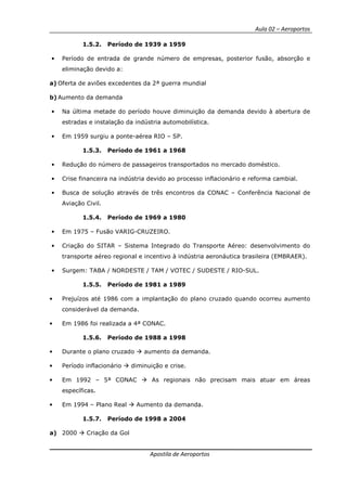 Aula 02 – Aeroportos
Apostila de Aeroportos
1.5.2. Período de 1939 a 1959
• Período de entrada de grande número de empresas, posterior fusão, absorção e
eliminação devido a:
a) Oferta de aviões excedentes da 2ª guerra mundial
b) Aumento da demanda
• Na última metade do período houve diminuição da demanda devido à abertura de
estradas e instalação da indústria automobilística.
• Em 1959 surgiu a ponte-aérea RIO – SP.
1.5.3. Período de 1961 a 1968
• Redução do número de passageiros transportados no mercado doméstico.
• Crise financeira na indústria devido ao processo inflacionário e reforma cambial.
• Busca de solução através de três encontros da CONAC – Conferência Nacional de
Aviação Civil.
1.5.4. Período de 1969 a 1980
• Em 1975 – Fusão VARIG-CRUZEIRO.
• Criação do SITAR – Sistema Integrado do Transporte Aéreo: desenvolvimento do
transporte aéreo regional e incentivo à indústria aeronáutica brasileira (EMBRAER).
• Surgem: TABA / NORDESTE / TAM / VOTEC / SUDESTE / RIO-SUL.
1.5.5. Período de 1981 a 1989
• Prejuízos até 1986 com a implantação do plano cruzado quando ocorreu aumento
considerável da demanda.
• Em 1986 foi realizada a 4ª CONAC.
1.5.6. Período de 1988 a 1998
• Durante o plano cruzado aumento da demanda.
• Período inflacionário diminuição e crise.
• Em 1992 – 5ª CONAC As regionais não precisam mais atuar em áreas
específicas.
• Em 1994 – Plano Real Aumento da demanda.
1.5.7. Período de 1998 a 2004
a) 2000 Criação da Gol
 