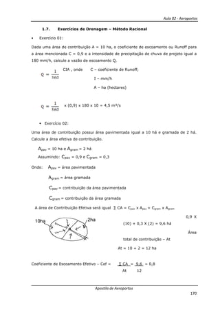 Aula 02 - Aeroportos
Apostila de Aeroportos
170
1.7. Exercícios de Drenagem – Método Racional
• Exercício 01:
Dada uma área de contribuição A = 10 ha, o coeficiente de escoamento ou Runoff para
a área mencionada C = 0,9 e a intensidade de precipitação de chuva de projeto igual a
180 mm/h, calcule a vazão de escoamento Q.
CIA , onde C – coeficiente de Runoff;
I – mm/h
A – ha (hectares)
x (0,9) x 180 x 10 = 4,5 m³/s
• Exercício 02:
Uma área de contribuição possui área pavimentada igual a 10 há e gramada de 2 há.
Calcule a área efetiva de contribuição.
Apav = 10 ha e Agram = 2 há
Assumindo: Cpav = 0,9 e Cgram = 0,3
Onde: Apav = área pavimentada
Agram = área gramada
Cpav = contribuição da área pavimentada
Cgram = contribuição da área gramada
A área de Contribuição Efetiva será igual ∑ CA = Cpav x Apav + Cgram x Agram
0,9 X
(10) + 0,3 X (2) = 9,6 há
Área
total de contribuição – At
At = 10 + 2 = 12 ha
Coeficiente de Escoamento Efetivo – Cef = ∑ CA = 9,6 = 0,8
At 12
 