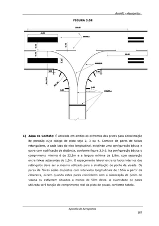 __________ _ Aula 03 – Aeroportos_
Apostila de Aeroportos
187
FIGURA 3.08
C) Zona de Contato: É utilizada em ambos os extremos das pistas para aproximação
de precisão cujo código de pista seja 2, 3 ou 4. Consiste de pares de faixas
retangulares, a cada lado do eixo longitudinal, existindo uma configuração básica e
outra com codificação de distância, conforme figura 3.0.6. Na configuração básica o
comprimento mínimo é de 22,5m e a largura mínima de 1,8m, com separação
entre faixas adjacentes de 1,5m. O espaçamento lateral entre os lados internos dos
retângulos deve ser o mesmo utilizado para a sinalização de ponto de visada. Os
pares de faixas serão dispostos com intervalos longitudinais de 150m a partir da
cabeceira, exceto quando estes pares coincidirem com a sinalização de ponto de
visada ou estiverem situados a menos de 50m desta. A quantidade de pares
utilizada será função do comprimento real da pista de pouso, conforme tabela.
150.00
45.00
6.00
0.90
6.00
R44.60
R23.00
0.45
9.009.00
6.00
0.90
60.00
AMARELA
AMARELA
BRANCA
 